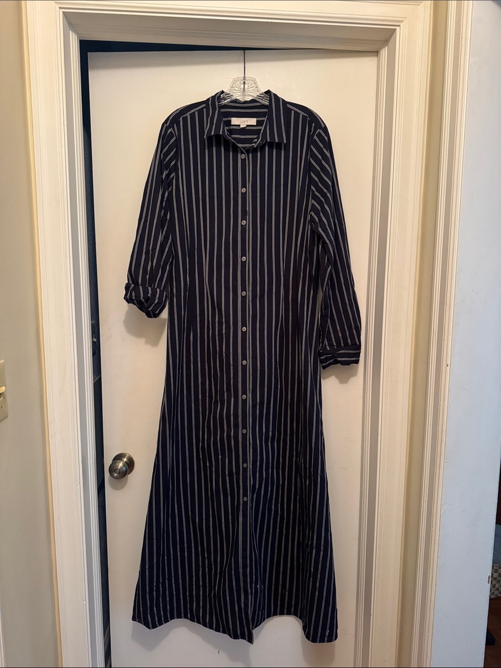 LOFT Navy and Light Gray Striped Long Sleeve Shirt Dress